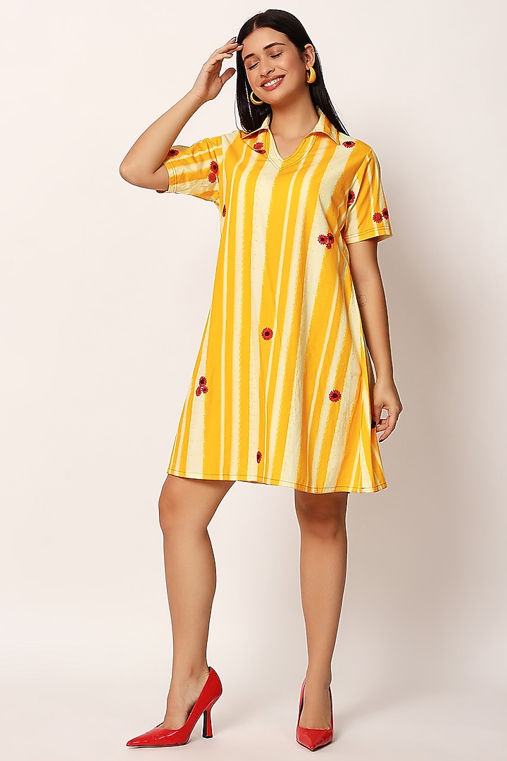 Yellow Cotton Stripe Printed Mini Summer Dress by Ruhr India at Pernia's Pop Up Shop