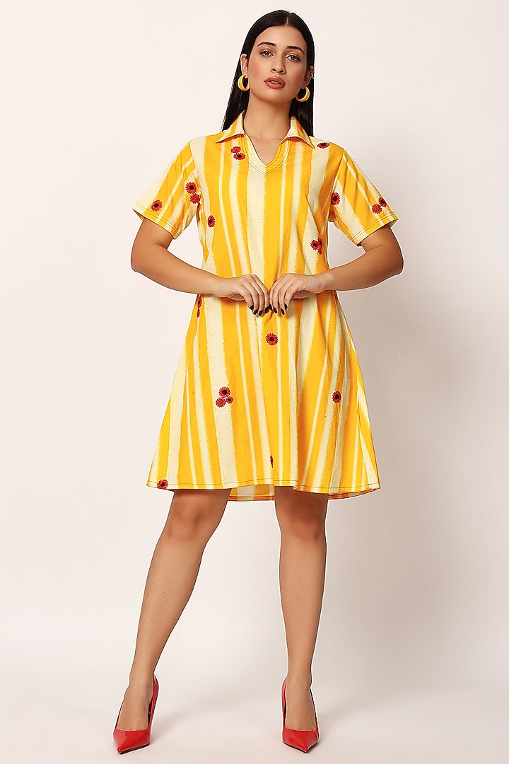 Yellow Cotton Stripe Printed Mini Summer Dress by Ruhr India at Pernia's Pop Up Shop