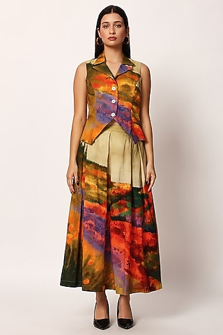 Multi-Colored Cotton Printed A-Line Skirt Set by RUHR INDIA