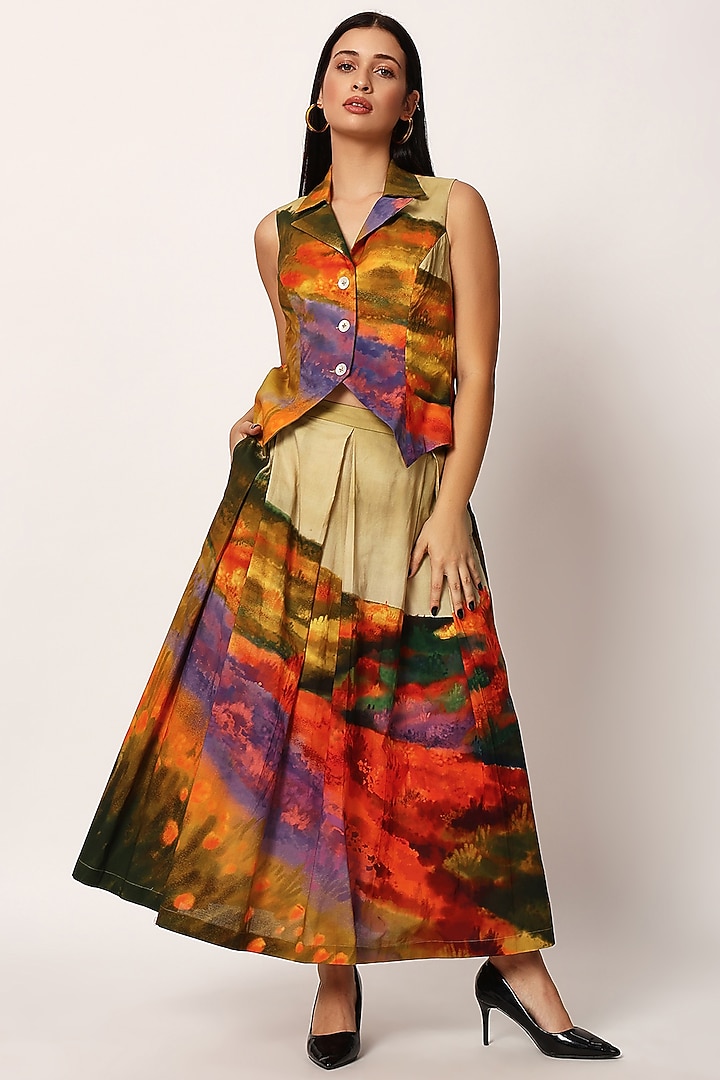 Multi-Colored Cotton Printed A-Line Skirt Set by RUHR INDIA at Pernia's Pop Up Shop