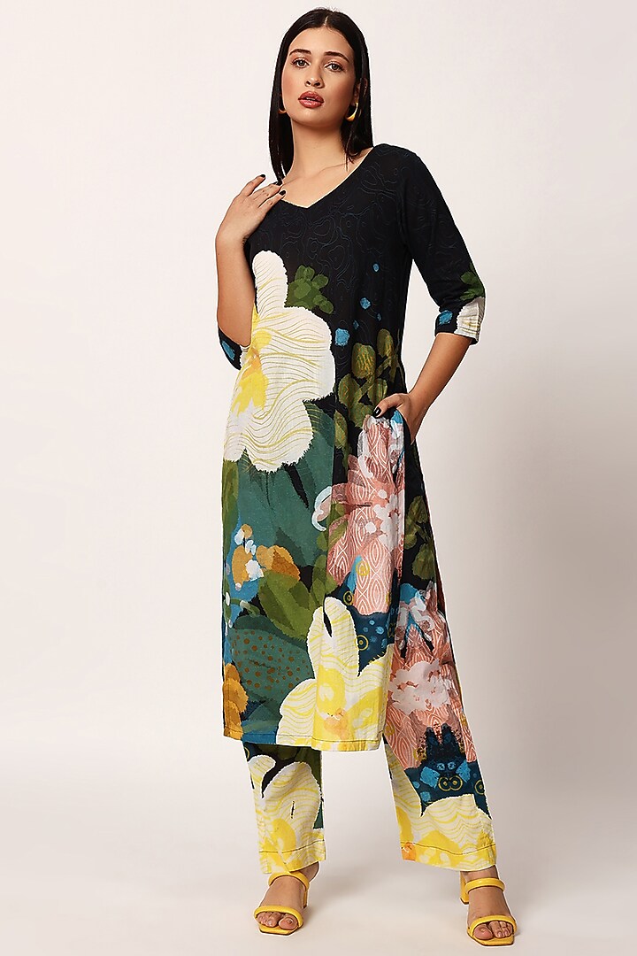 Multi-Colored Cotton Floral Printed Kurta Set by RUHR INDIA at Pernia's Pop Up Shop