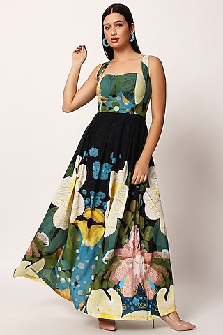 Multi-Colored Cotton Floral Printed A-Line Dress by RUHR INDIA