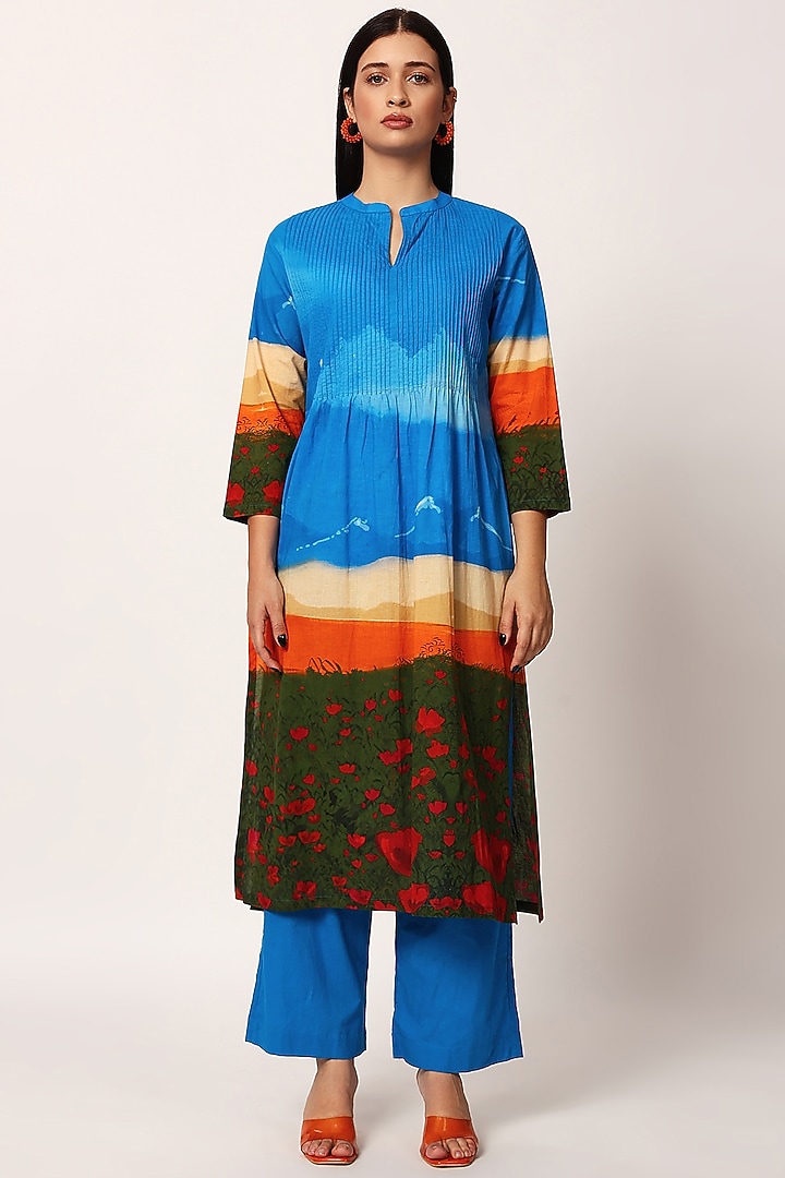 Multi-Colored Cotton Printed A-Line Kurta Set by RUHR INDIA at Pernia's Pop Up Shop