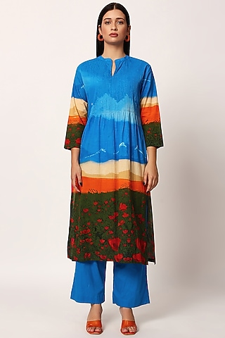 Multi-Colored Cotton Printed A-Line Kurta Set by RUHR INDIA