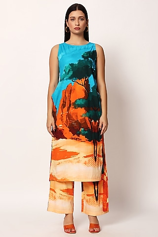 Multi-Colored Cotton Printed A-Line Kurta Set by RUHR INDIA