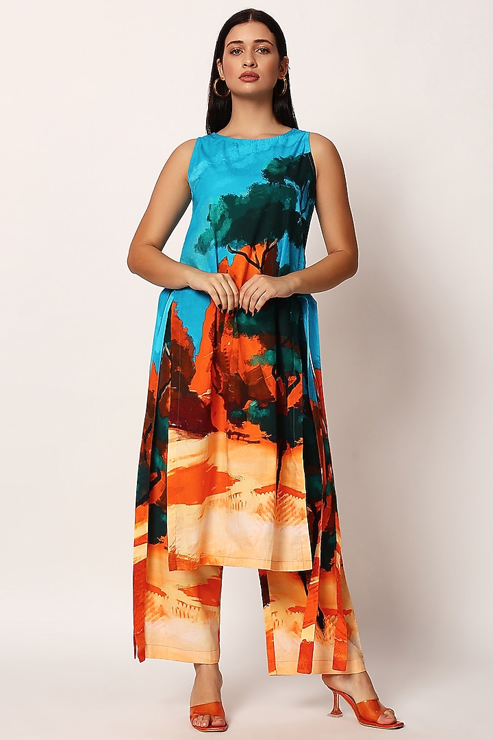Multi-Colored Cotton Printed A-Line Kurta Set by RUHR INDIA at Pernia's Pop Up Shop