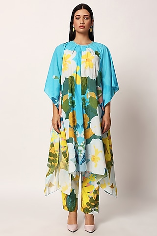 Multi-Colored Cotton Floral Printed A-Line Kurta Set by RUHR INDIA