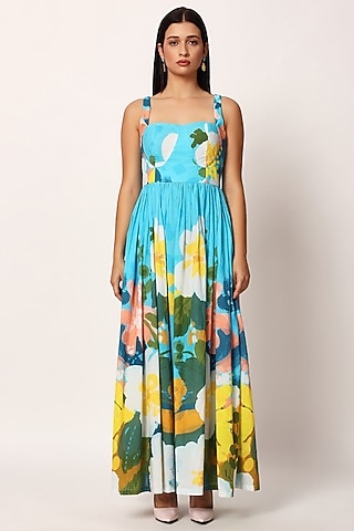Multi-Colored Cotton Floral Printed A-Line Dress by RUHR INDIA