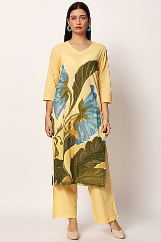 Multi-Colored Cotton Floral Printed A-Line Kurta Set by RUHR INDIA