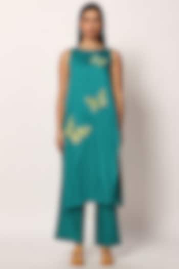 Green Cotton Embroidered A-Line Kurta Set by RUHR INDIA at Pernia's Pop Up Shop