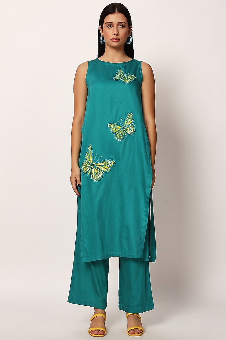 Green Cotton Embroidered A-Line Kurta Set by RUHR INDIA at Pernia's Pop Up Shop