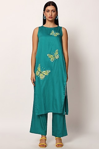 Green Cotton Embroidered A-Line Kurta Set by RUHR INDIA
