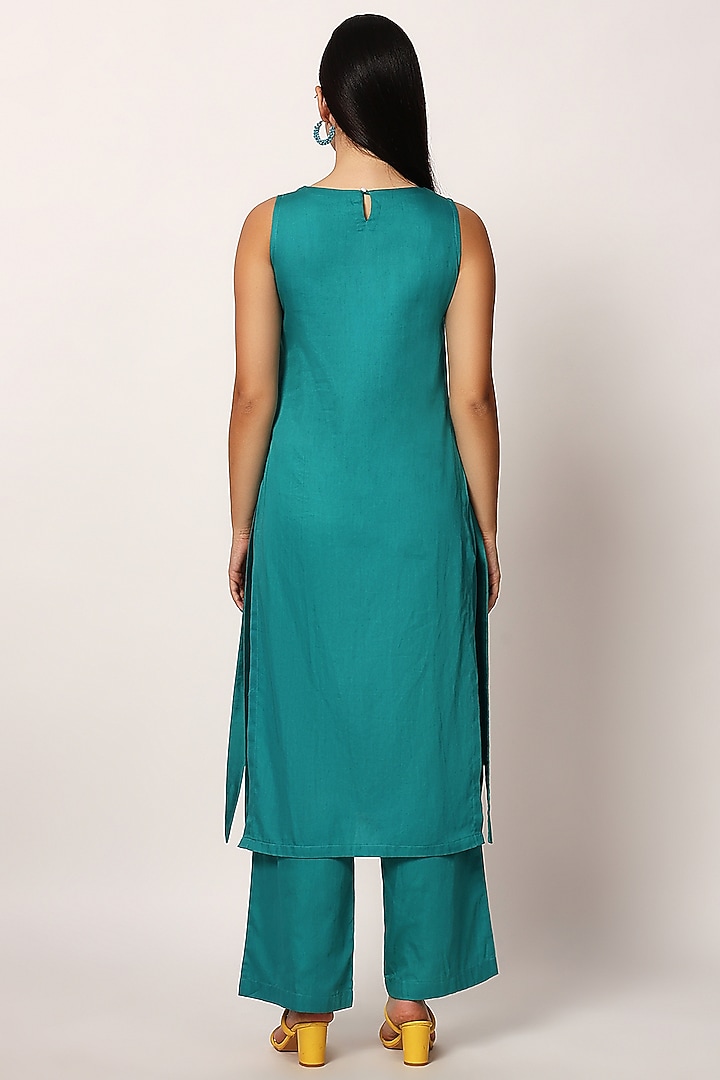 Green Cotton Embroidered A-Line Kurta Set by RUHR INDIA at Pernia's Pop Up Shop