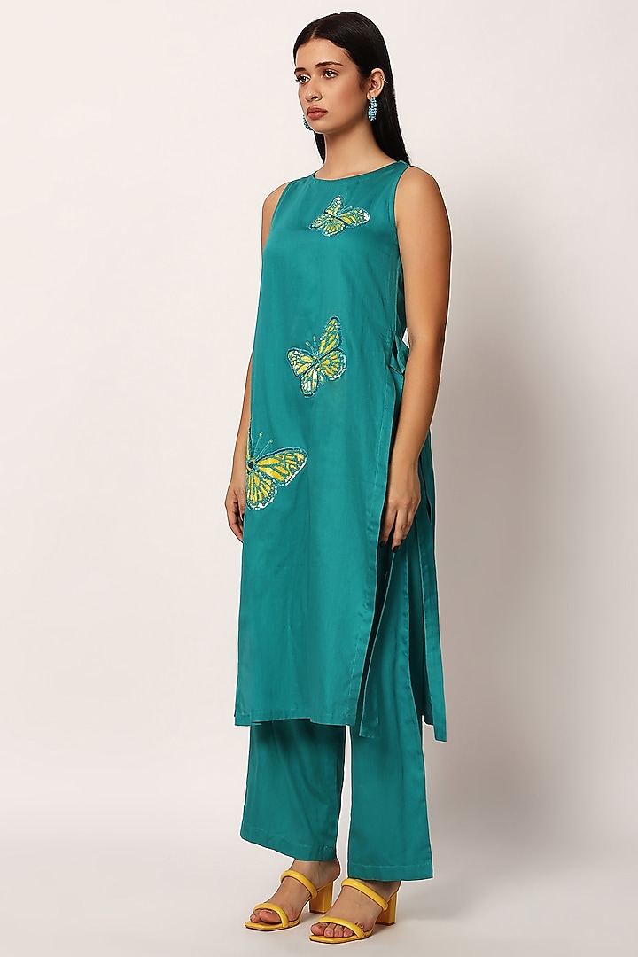 Green Cotton Embroidered A-Line Kurta Set by RUHR INDIA at Pernia's Pop Up Shop