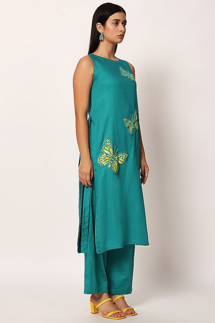 Green Cotton Embroidered A-Line Kurta Set by RUHR INDIA at Pernia's Pop Up Shop
