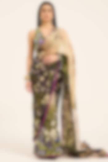 Multi-Colored & Purple Organza Digital Printed Wedding Saree Set by RUHR INDIA at Pernia's Pop Up Shop