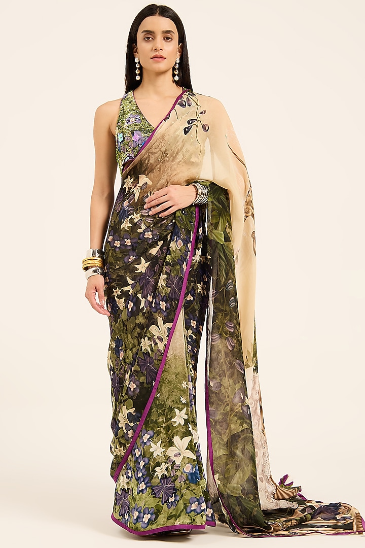 Multi-Colored & Purple Organza Digital Printed Wedding Saree Set by RUHR INDIA at Pernia's Pop Up Shop