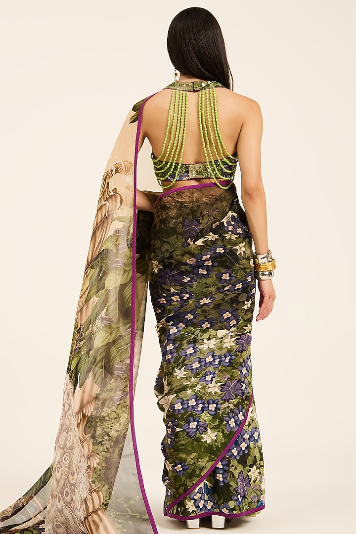 Multi-Colored & Purple Organza Digital Printed Wedding Saree Set by RUHR INDIA at Pernia's Pop Up Shop