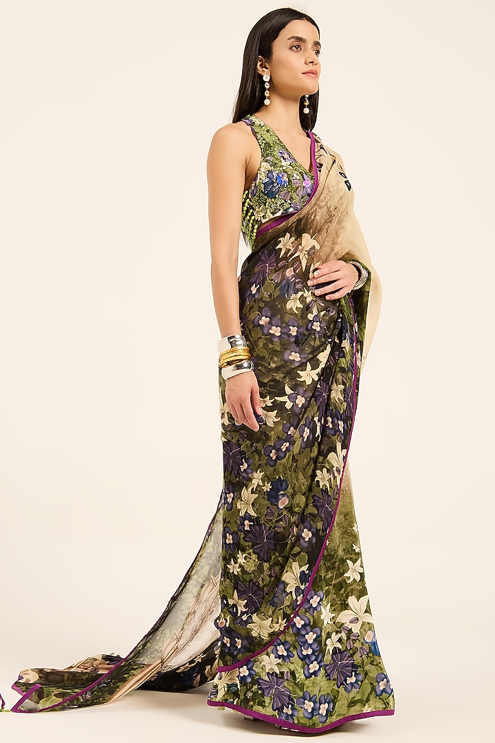 Multi-Colored & Purple Organza Digital Printed Wedding Saree Set by RUHR INDIA at Pernia's Pop Up Shop