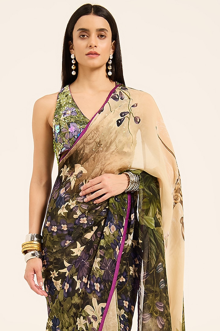 Multi-Colored & Purple Organza Digital Printed Wedding Saree Set by RUHR INDIA at Pernia's Pop Up Shop