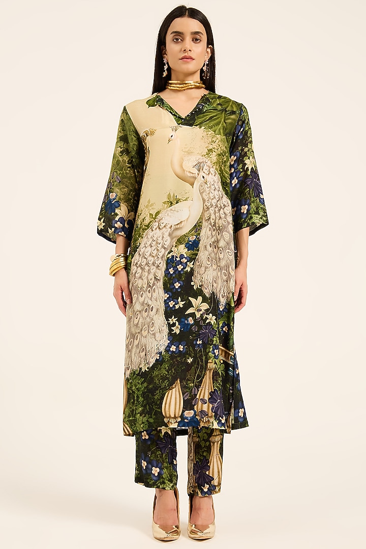 Multi-Colored & Purple Dola Silk Floral Digital Printed Kurta Set by RUHR INDIA at Pernia's Pop Up Shop