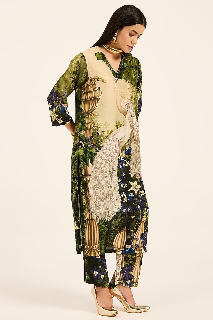Multi-Colored & Purple Dola Silk Floral Digital Printed Kurta Set by RUHR INDIA at Pernia's Pop Up Shop