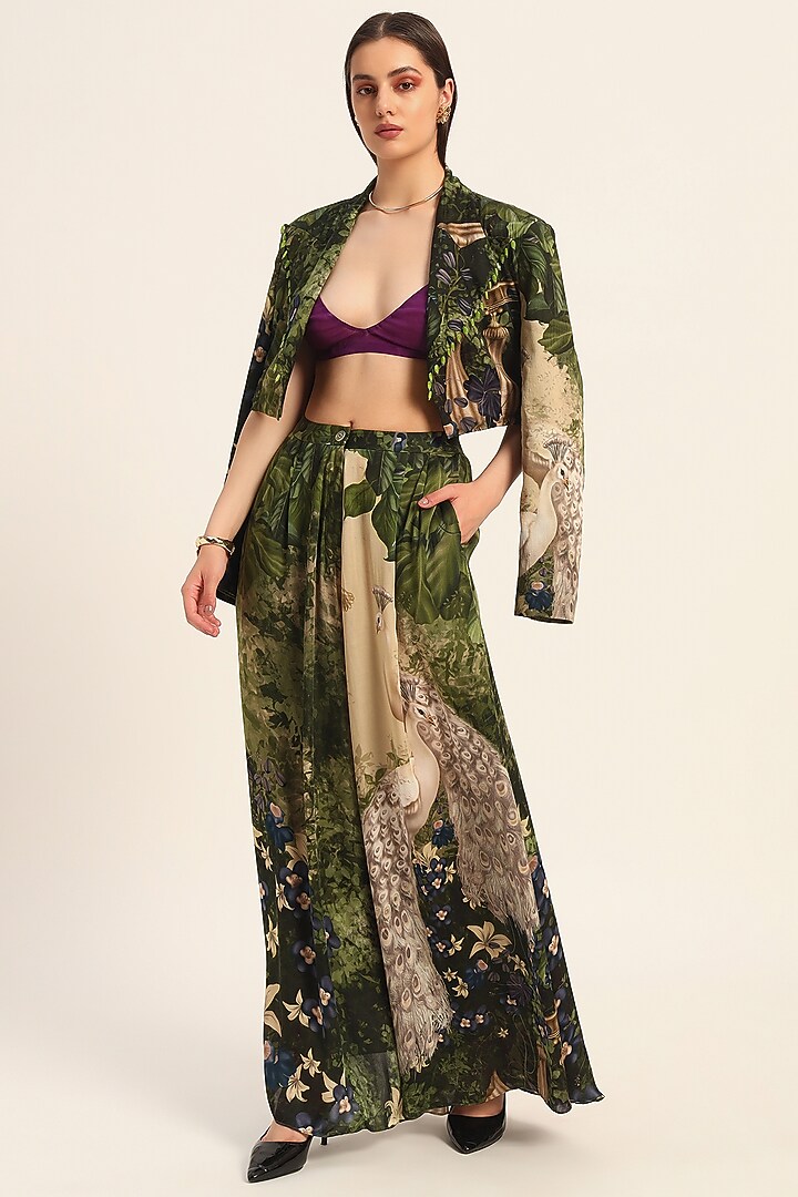 Multi-Colored & Purple Satin Floral Digital Printed Pleated Pant Set by RUHR INDIA at Pernia's Pop Up Shop