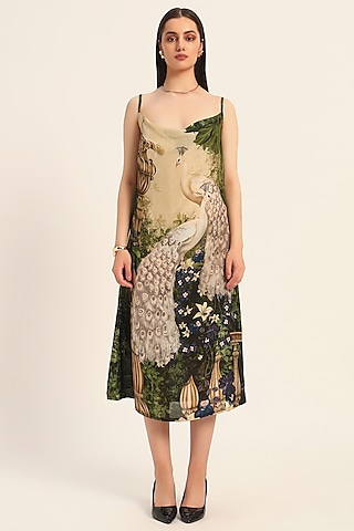 Multi-Colored & Purple Dola Silk Floral Printed Cowl Dress by RUHR INDIA