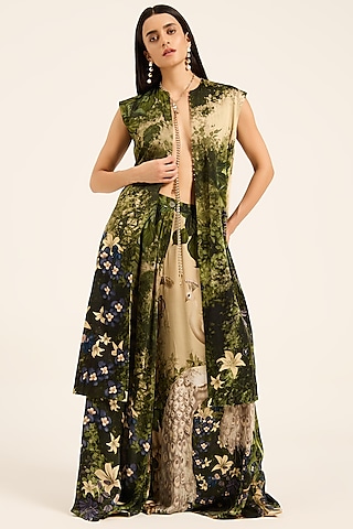 Multi-Colored & Purple Satin Digital Printed Overcoat Set by RUHR INDIA