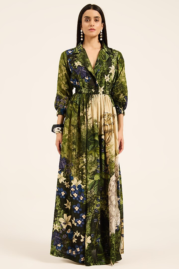 Multi-Colored & Purple Dola Silk Floral Printed Maxi Vacation Dress by RUHR INDIA at Pernia's Pop Up Shop