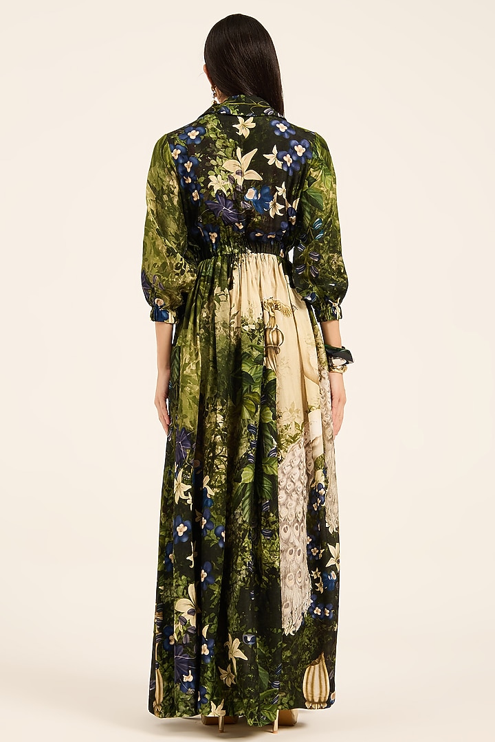 Multi-Colored & Purple Dola Silk Floral Printed Maxi Vacation Dress by RUHR INDIA at Pernia's Pop Up Shop