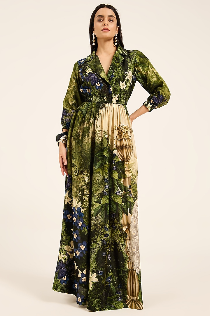 Multi-Colored & Purple Dola Silk Floral Printed Maxi Vacation Dress by RUHR INDIA at Pernia's Pop Up Shop