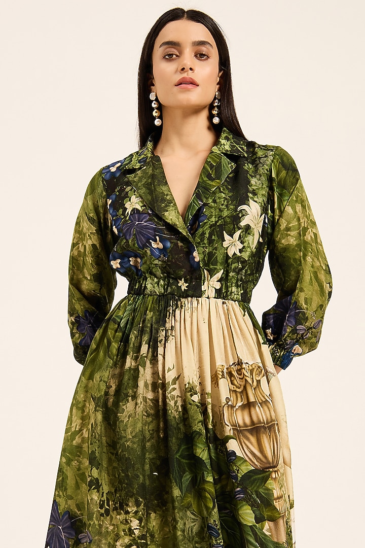 Multi-Colored & Purple Dola Silk Floral Printed Maxi Vacation Dress by RUHR INDIA at Pernia's Pop Up Shop