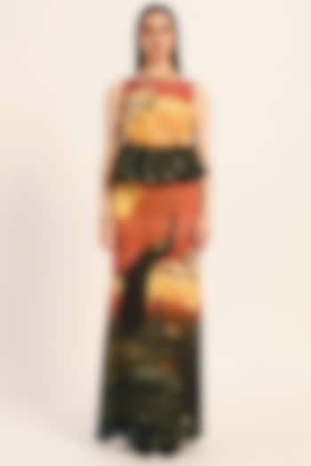 Multi-Colored & Orange Satin Digital Printed Skirt Set by RUHR INDIA at Pernia's Pop Up Shop