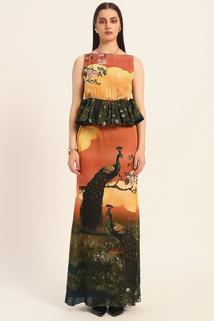 Multi-Colored & Orange Satin Digital Printed Skirt Set by RUHR INDIA at Pernia's Pop Up Shop