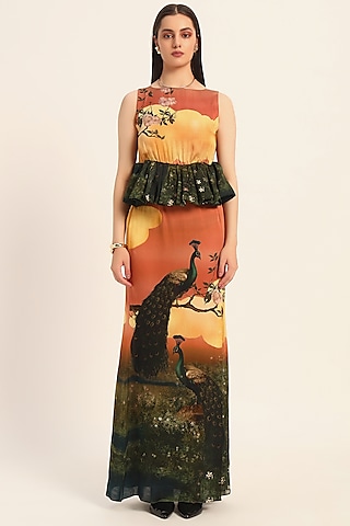 Multi-Colored & Orange Satin Digital Printed Skirt Set by RUHR INDIA