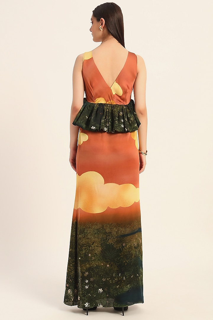 Multi-Colored & Orange Satin Digital Printed Skirt Set by RUHR INDIA at Pernia's Pop Up Shop