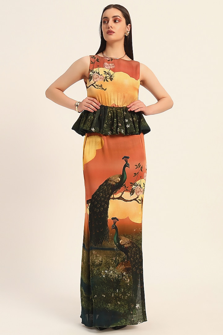 Multi-Colored & Orange Satin Digital Printed Skirt Set by RUHR INDIA at Pernia's Pop Up Shop