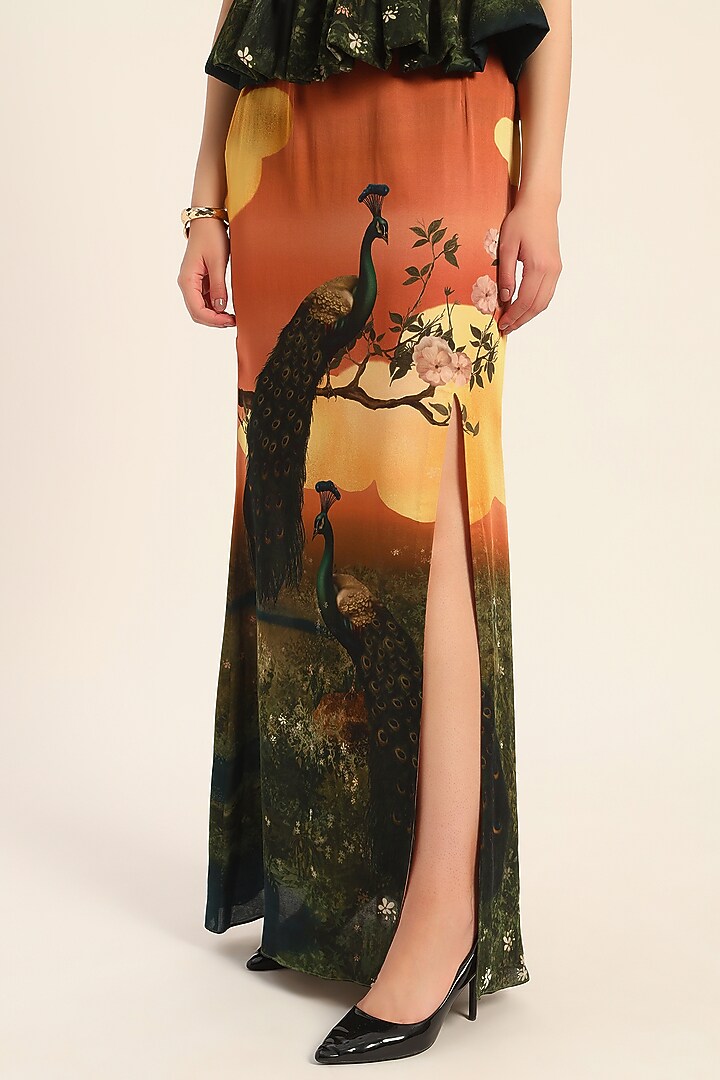 Multi-Colored & Orange Satin Digital Printed Skirt Set by RUHR INDIA at Pernia's Pop Up Shop