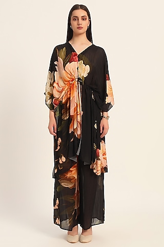 Black & Multi-Colored Dola Silk Floral Digital Printed Kaftan-Style Kurta Set by RUHR INDIA