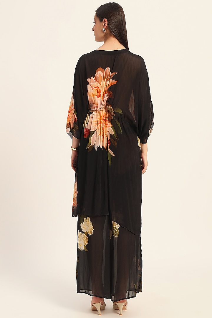 Black & Multi-Colored Dola Silk Floral Digital Printed Kaftan-Style Kurta Set by RUHR INDIA at Pernia's Pop Up Shop