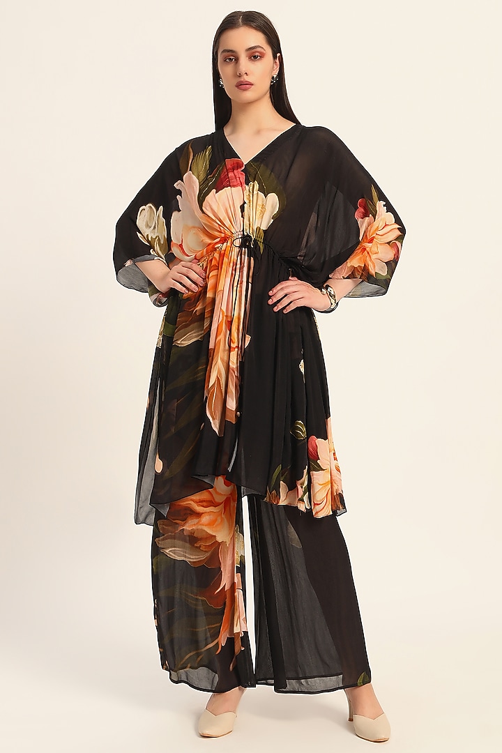 Black & Multi-Colored Dola Silk Floral Digital Printed Kaftan-Style Kurta Set by RUHR INDIA at Pernia's Pop Up Shop