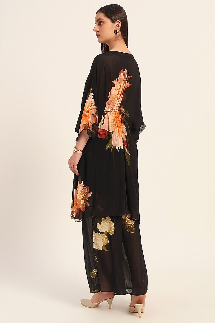 Black & Multi-Colored Dola Silk Floral Digital Printed Kaftan-Style Kurta Set by RUHR INDIA at Pernia's Pop Up Shop