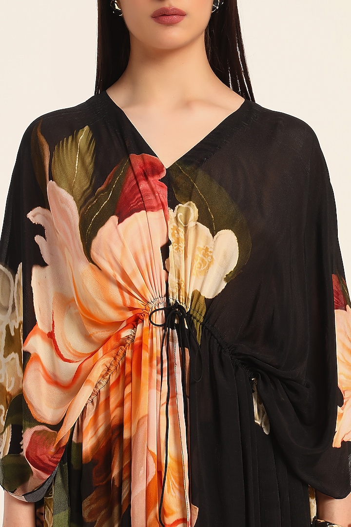 Black & Multi-Colored Dola Silk Floral Digital Printed Kaftan-Style Kurta Set by RUHR INDIA at Pernia's Pop Up Shop