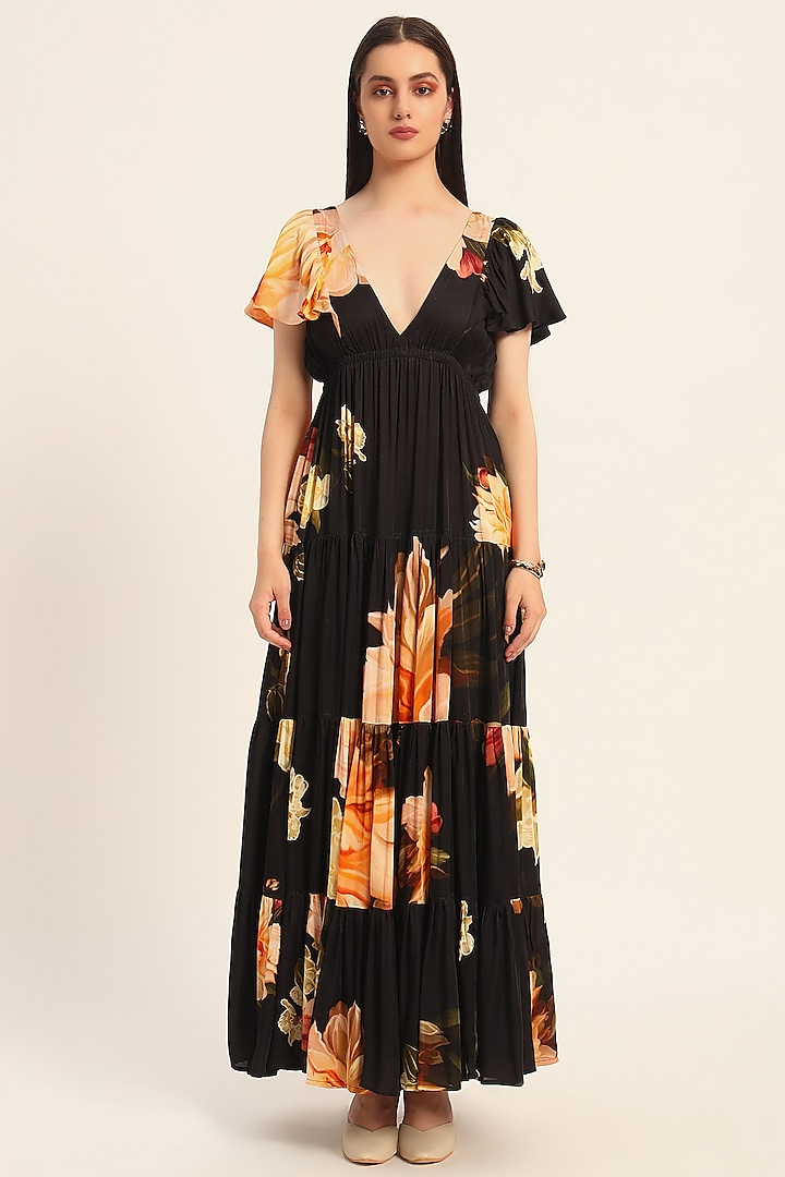 Black & Multi-Colored Satin Floral Printed Tiered Vacation Dress by RUHR INDIA at Pernia's Pop Up Shop