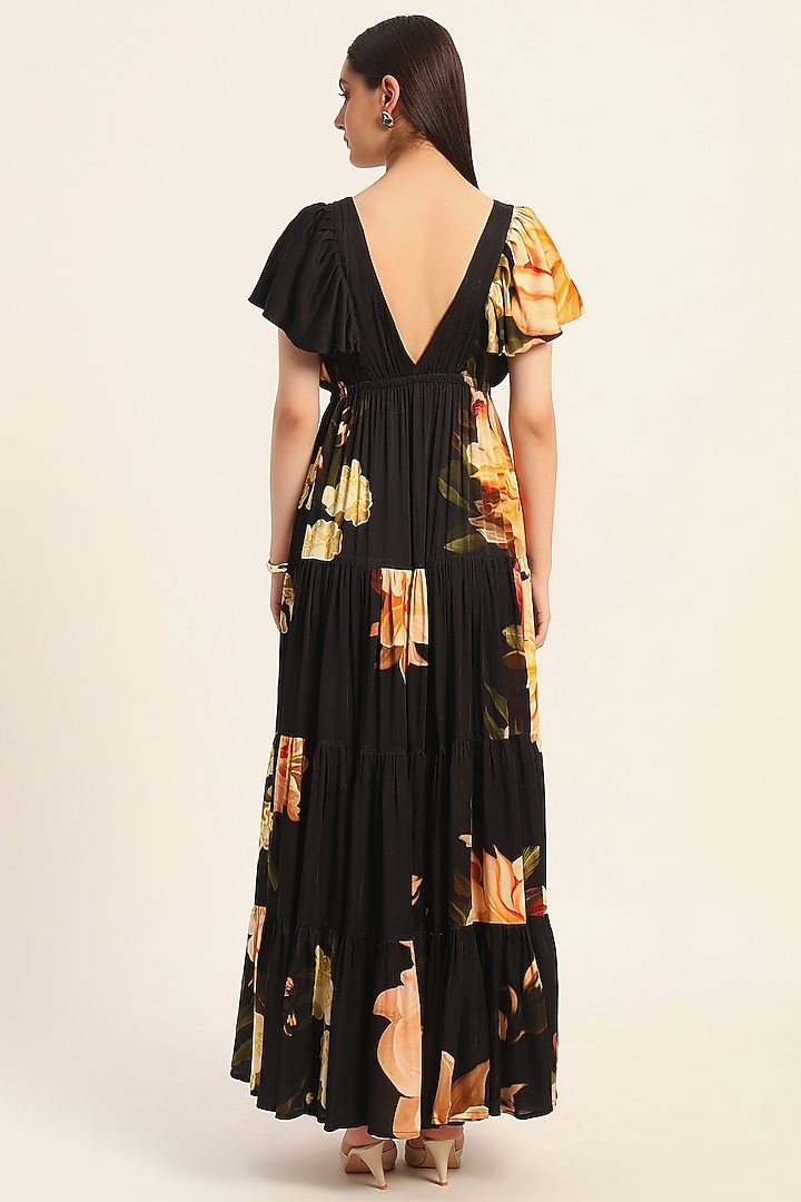 Black & Multi-Colored Satin Floral Printed Tiered Vacation Dress by RUHR INDIA at Pernia's Pop Up Shop