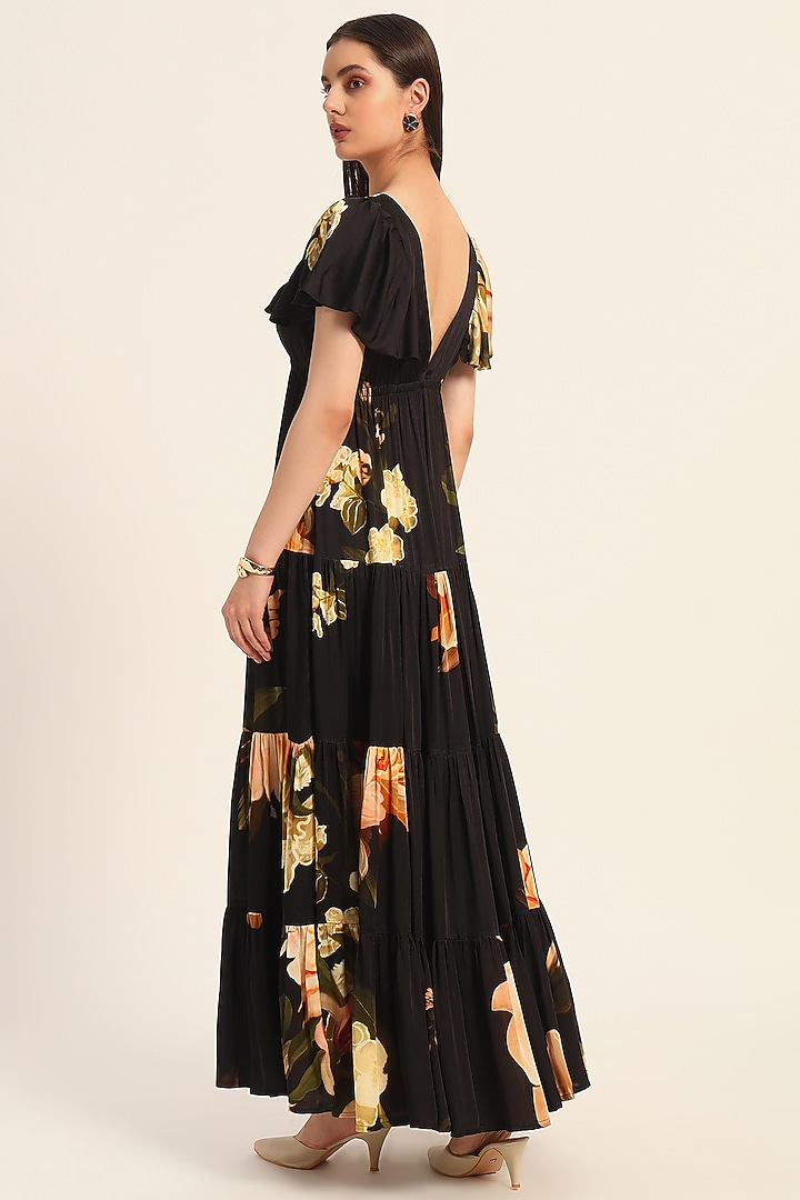 Black & Multi-Colored Satin Floral Printed Tiered Vacation Dress by RUHR INDIA at Pernia's Pop Up Shop
