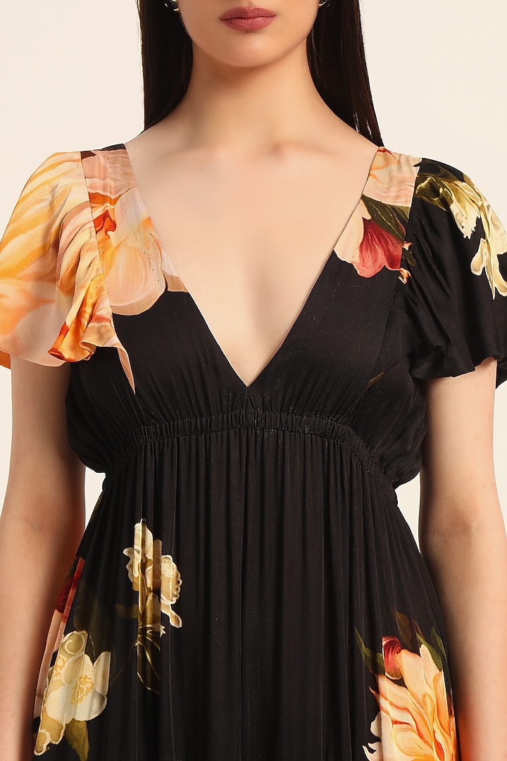 Black & Multi-Colored Satin Floral Printed Tiered Vacation Dress by RUHR INDIA at Pernia's Pop Up Shop