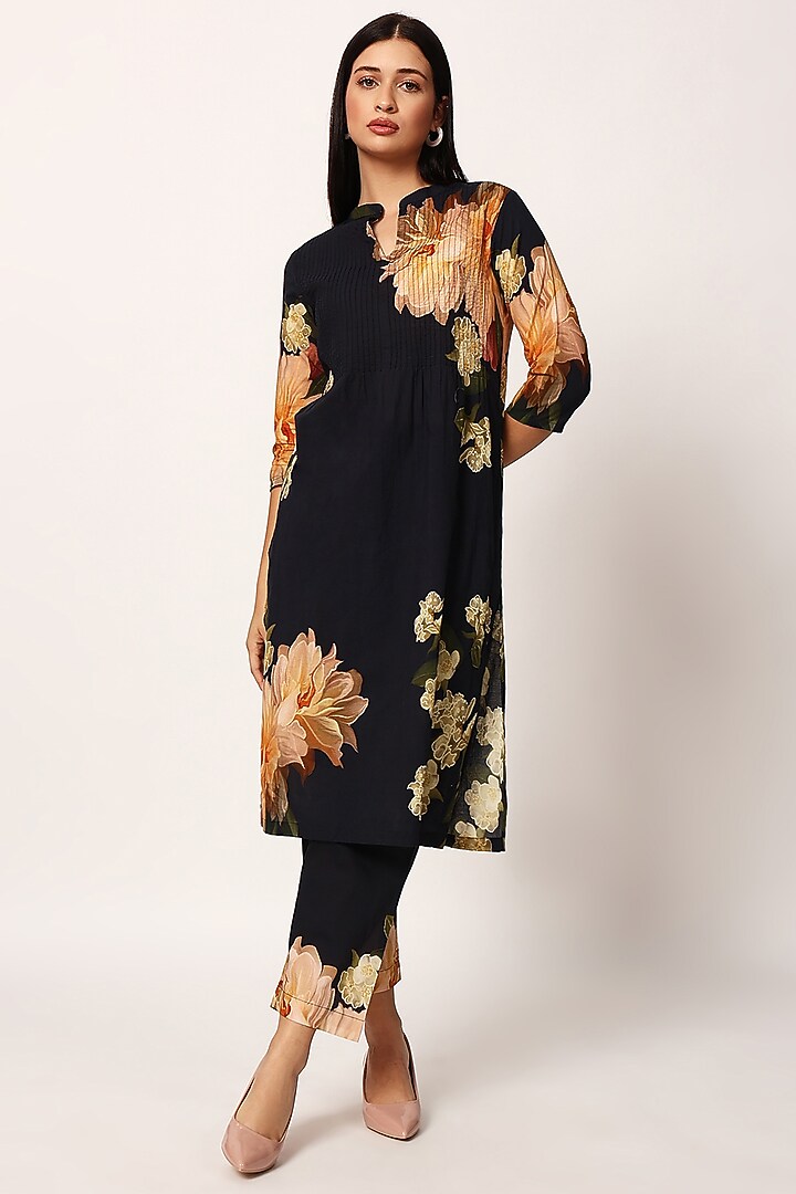Black & Multi-Colored Cotton Floral Printed Kurta Set by RUHR INDIA at Pernia's Pop Up Shop