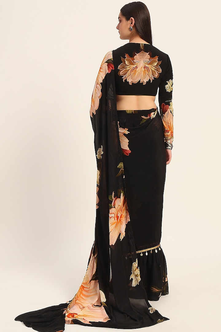 Black Chiffon Floral Digital Printed Pre-Draped Ruffled Wedding Saree Set by RUHR INDIA at Pernia's Pop Up Shop